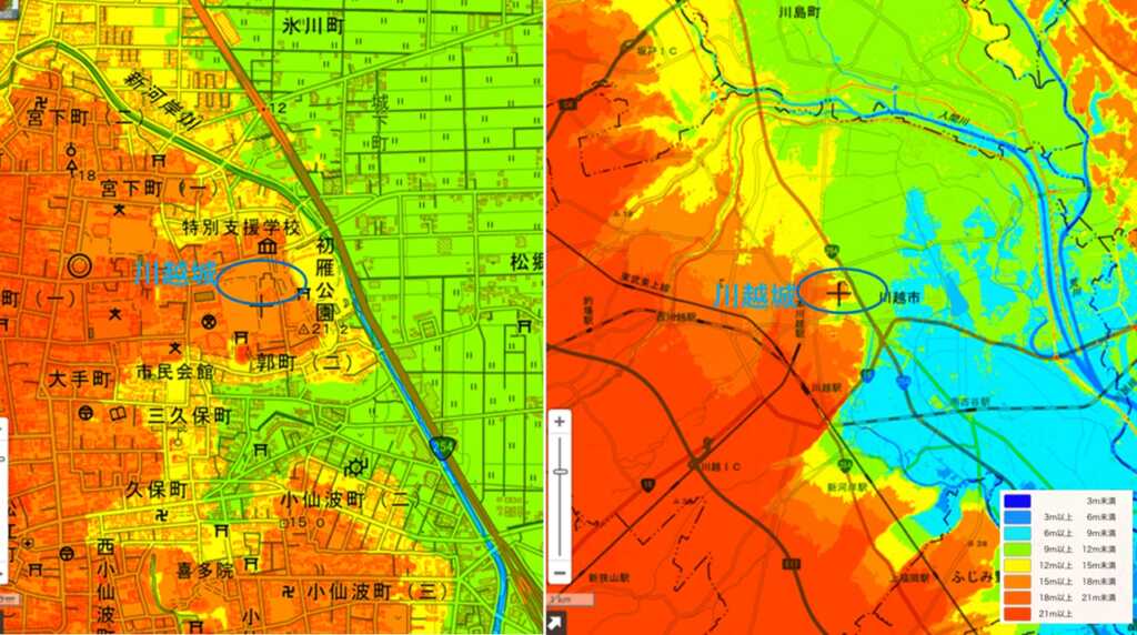 川越城址の位置関係と高低差