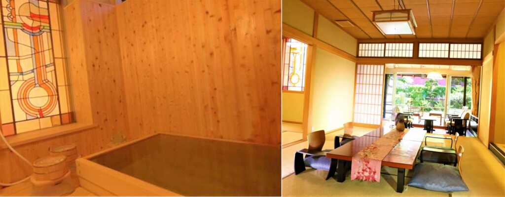 上山田ホテル　客室温泉露天の親への様子　ステンドガラスが使われています
